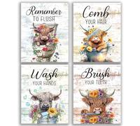 Set of 4 No Framed Funny Highland Cow Bathroom Rules Vintage Bathroom Wall Decor, Rustic Bathroom Decor Wall Art Highland Cow Bathroom Signs Pictures Decorations for Farmhouse 20x28inch