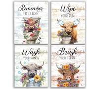 Set of 4 No Framed Highland Cow Bathroom Rules Vintage Rustic Wooden Wall Art Decor, Funny Bathroom Signs Pictures Hanging Decorations for Farmhouse Toilet Bathroom 12x16inch
