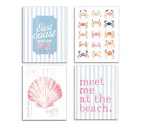 Set of 4 No Framed Preppy Beach Room Decor, Coastal Meet Me at the Beach Crab Seashell Wall Art Prints, Beachy Room Decor, Beachy Posters Wall Art Decor for Girls Dorm Bedroom 08x10inch