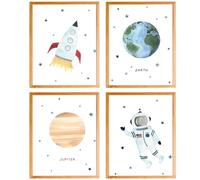 Set of 4 No Framed Space Wall Decor, Space Decor for Boys Room, Rocket Space Earth Jupiter Poster Prints Wall Art Decor for Classroom Toddler Boys Room Playroom Nursery 12x16inch