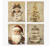 Set of 4 No Framed Vintage Christmas Wall Art Prints, Retro Christmas Decor, Rustic Xmas Snowman Tree Santa Gift Boxes Posters Wall Decor for Home Bedroom Living Room 11x14inch