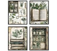 Set of 4 No Framed Vintage Plants Book Wall Art Posters, Reading Nook Corner Decor, Academia Rustic Botanical Bookish Prints Posters for Farmhouse Library Reading Room Wall Decor 08x10inch