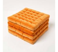 HOMESCAPES Set of 4 Burnt Orange Velvet Seat Pads for Dining Chair 40 x 40 cm Super Soft 100% Cotton Quilted Velvet Chair Pads with Straps Indoor & Outdoor Garden Use for Lasting Comfort & Support