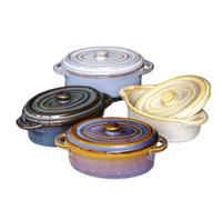 Set Of 4 Oval Reactive Glaze Mini Casserole Dishes 230ml Stoneware Oven Pots With Lids