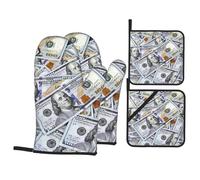 Set of 4 Oven Glove with Pot Holders One Hundred Dollar Bills Oven Mittens