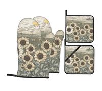 Set of 4 Oven Mitts and Pot Holders Chamomile Sunflowers Kitchen Gloves Heat Resistant Household Essentials