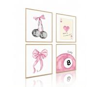 Set of 4 Pink Coquette Trendy Preppy Wall Art Prints, Bow and Cherry Decor Posters, Cute College Gift for Girls Bedroom Dorm, No Frame (30x40cm)
