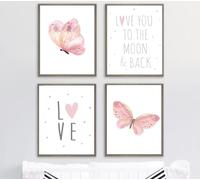 Set of 4 Pink Girls Bedroom Butterfly Nursery prints Childrens kids Nursery wall art (A4)
