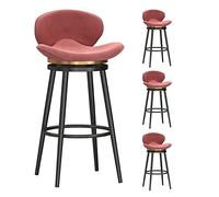 Set of 4 Pink Velvet Bar Stools 360° Swivel Modern Chairs with Black Metal Legs & Footrest Low Back Design for Kitchen Pub Bistro Stylish Bar Height Seating