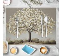 Set Of 4 Placemats, Flowering Trees Shrubs Print Place Mats, Heat Resistant Simple Plant-Based Table Mats, Waterproof White Placemats for Kitchen Dining Room Table Indoor Outdoor, 45x30cm