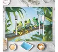 Set Of 4 Placemats, Frog Butterfly Leaf Print Place Mats, Heat Resistant Cartoon Fun Table Mats, Waterproof Green Placemats for Kitchen Dining Room Table Indoor Outdoor, 45x30cm