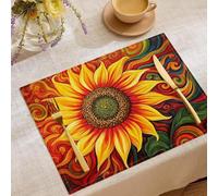 Set Of 4 Placemats, Sunflower Whirlpool Print Place Mats, Heat Resistant Psychedelic Art Style Table Mats, Waterproof Yellow Placemats for Kitchen Dining Room Table Indoor Outdoor, 45x30cm
