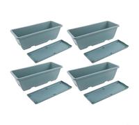 Set Of 4 Plastic Rectangular Window Boxes With Drainage Tray For Vegetables, Succulents, And Flower Growing Indoors And Outdoors(Blue)