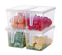 Set of 4 Plastic Storage Containers - Square Handle Easy to Use Food Storage Organiser Boxes Comes with Lids - Use in Fridge, Freezer, Cabinets and Stackable