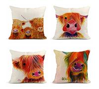 Set of 4 Polyester Cushion Covers - 18x18 Inch Scottish Highland Cow Home Decor Square Cushion Covers for Sofa, Bed, Couch