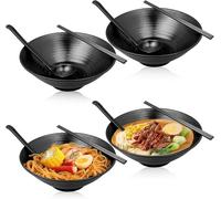 Set of 4 Ramen Bowl Set, 1200 ml Melamine Large Japanese Style Noodle Soup Bowls Set with Spoons and Chopsticks for Ramen, Pho, Noodles, Asian Dishes Black, 40 oz Large Bowl for Adults
