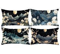 Set of 4 Rectangle Waterproof Cushion Covers, 12 x 22 in Sakura Mountains Outdoor Throw Pillow Covers Linen Lumbar Cushions Home Decorative Pillowcase for Sofa, Couch, Bedroom, Living Room s-923