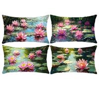 Set of 4 Rectangle Waterproof Cushion Covers, 12 x 22 in Water Lily Outdoor Throw Pillow Covers Linen Lumbar Cushions Home Decorative Pillowcase for Sofa, Couch, Bedroom, Living Room, Garden s-756