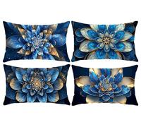 Set of 4 Rectangle Waterproof Cushion Covers, 16 x 32 in Blue Flower Outdoor Throw Pillow Covers Linen Lumbar Cushions Home Decorative Pillowcase for Sofa, Couch, Bedroom, Living Room, Garden s-494