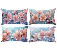 Set of 4 Rectangle Waterproof Cushion Covers, 16 x 32 in Cherry Blossom Outdoor Throw Pillow Covers Linen Lumbar Cushions Home Decorative Pillowcase for Sofa, Couch, Bedroom, Living Room, Garden s-919