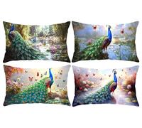 Set of 4 Rectangle Waterproof Cushion Covers, 16 x 32 in Water Lily Peacock Outdoor Throw Pillow Covers Linen Lumbar Cushions Home Decorative Pillowcase for Sofa, Couch, Bedroom, Living Room s-757