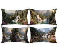 Set of 4 Rectangle Waterproof Cushion Covers, 16 x 32 in Waterfall Lake Outdoor Throw Pillow Covers Linen Lumbar Cushions Home Decorative Pillowcase for Sofa, Couch, Bedroom, Living Room, Garden s-645