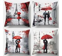 Set of 4 Red Black Decorative Throw Pillow Covers 70x70 cm Romantic Couple Velvet Cushion Covers Double-Sided Square Sofa Pillowcase for Outdoor Furniture Garden Living Room