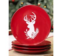 Set of 4 Red Christmas Stag Side Plates Ceramic Reindeer Dessert Plates Dia 21cm Dibor Red 4 Pack