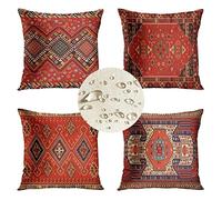 Set of 4 Red Moroccan Ethnic Cushion Covers 65x65cm Decorative Throw Pillow Covers Waterproof linen Sofa Cushions Modern Double Sided Print Pillowcase for Bedroom Livingroom Office Car Home Decor D43
