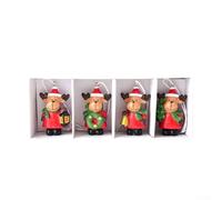 Set of 4 Resin Christmas Tree Decorations with Elk Dog Cat Snow House Miniatures for Hanging on Tree and Seasonal Decor (Elk)