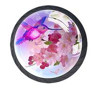 Set of 4 Retro Hummingbird and Pink Peach Blossom Cabinet Knobs Handles Pulls for Drawer Closet Dresser Cupboard Wardrobe Furniture Door Kitchen