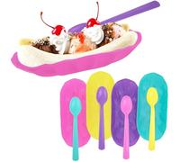 Set of 4 Reusable Banana Split Boats with Color Matching Spoons Use as Desert Dish, Ice Cream Sundae, Fruit Bowls, Ice Cream Bowl, Brownies,Snack Trays BPA Free (4)