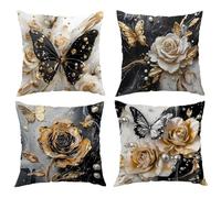 Set of 4 Rose Butterfly Decorative Throw Pillow Covers 70x70 cm Black Abstract Velvet Cushion Covers Double-Sided Square Sofa Pillowcase for Outdoor Furniture Garden Living Room
