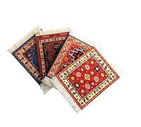 Set of 4 Rug Table Coasters - Oriental Design Fabric Carpet Drink Mats Absorbent Kitchen and Dining Accessories, Spill & Drip Protection, Rectangular, Red Black Blue