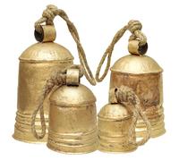 Set of 4 Rustic Metal Christmas Bells Large Hanging Brass-Gold Cowbells with Jute Rope | Farmhouse Wall, Porch & Holiday Decor