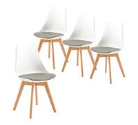 Set of 4 Scandinavian Dining Chairs - Modern Upholstered Wooden Office Seating with White & Gray PU Cushions - Stylish Nordic Kitchen Furniture