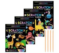 Set of 4 Scratch Pads for Children, Magic Rainbow Scratch Paper, Scratch Album with Dinosaurs, Space, Oceans and Animals Themes, with Wooden Pen, Ideal for Relaxation and Decoration