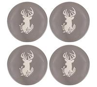 Set of 4 Side Plates - Hand Painted Grey & White Reindeer Stoneware Crockery Dishwasher & Microwave Safe Christmas Reindeer Dinnerware Set