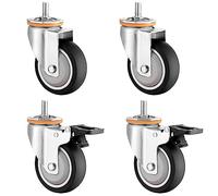 Set of 4 Silent 360° Swivel Casters for Fur & Carts M10/M12 Threaded Stem Smooth TPR Rubber Replacement Wheels with Brake 63/75/100/125mm Size Opts
