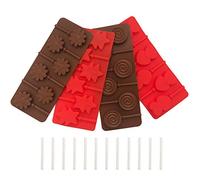 Set of 4 Silicone Lollipop Molds (Heart, Star, Round, Flower), TuNan 6-Cavity Molds Chocolate Hard Candy Jelly Fondant Mould with 12pcs Sucker Sticks - (Color Chocolate, Red)