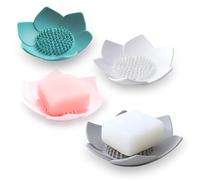 Set of 4 Silicone Lotus Soap Trays - Quick-Drain, Non-Slip Holders for Shower, Bathtub, Sink & Modern Bathroom Decor (Multi Color)
