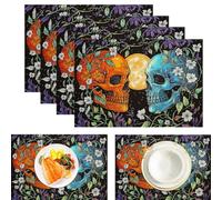 Set of 4 Skulls Vines Full Moon Table Mat | Retro Psychedelic Style Seasonal Table Mats, Washable Heat Resistant Place Mats for Dinner Tables Party Decor, 45x30cm