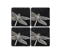 Set Of 4 Slate Coasters With Dragonfly Design. 11Cm X 11Cm Square Coasters. Full Foam Backing. Selbrae House Dark Grey 4 Pack