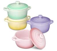 Set of 4 Small Ceramic Casserole Pots with Lids, 220ml Mini Cocotte Set for Oven, Round Porcelain Ramekins with Handles for Pot Pies, Tapas & Soufflé (4 Colours)