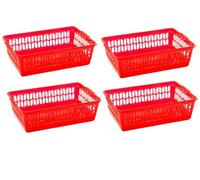 Set of 4 - Small Plastic Storage Baskets | Office Home and Kitchen Tidy Organiser, Plastic Shallow For Storage Small, Shelf Baskets, 25 x 16 x 6 cm (Red)