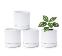 Set of 4 Small Succulent Plant Pots, 4.3 Inch Ceramic Planter Pot for Plants with Drainage Hole and Saucer, White, 94-F-XS-1