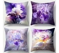 Set of 4 Smoky Flowers Decorative Throw Pillow Covers 70x70 cm Purple Iris Velvet Cushion Covers Double-Sided Square Sofa Pillowcase for Outdoor Furniture Garden Living Room