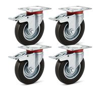 Set of 4 Solid-rubber Double-stop Castors, Transport Rollers 125 mm w/Fixing Brake, 100 kg/Wheel