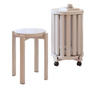 Set of 4 Solid Wood Stacking Stools with Wheels - Versatile Space-Saving Round Chairs for Living Room, Bedroom, Office, Dining - Modern White Design