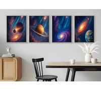 Set of 4 Space and Planet Paintings - A5 A4 A3 Art Posters Wall Art Modern Painting Prints for Home Office or Workspace Interior Decoration (A4 (297x210mm), High-resolution paper)